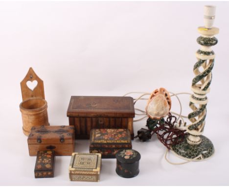 A collection of decorative boxes and money box, a table lamp and a carved shell lamp