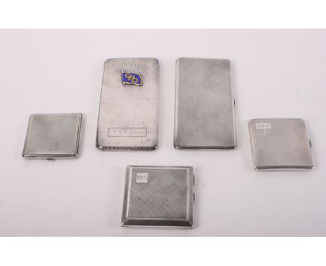 A Japanese 950 grade silver cigarette case with hammered and applied enamel decoration, three other silver cigarette cases an