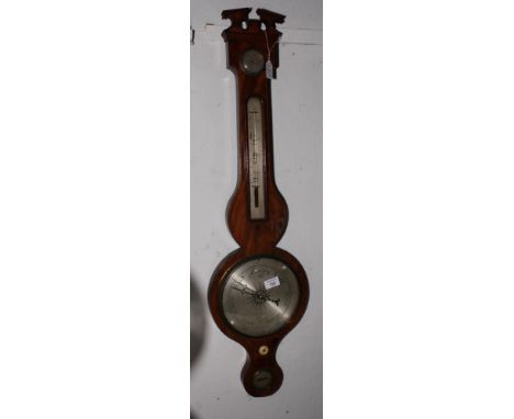 A 19th Century syphon tube barometer in mahogany case with ebony and box edges, broken arch pediment, silvered dial with subs