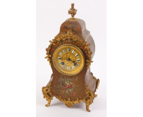 A Louis XV style mantel clock in floral painted case with gilt metal mounts, gilt metal dial with porcelain numerals, 12" hig