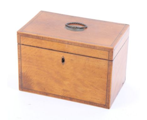 A 19th Century satinwood two-compartment tea caddy decorated crossbanded edges, 7 1/2" wide