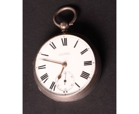 A silver cased open faced key wind pocket watch with white enamel dial and subsidiary seconds dial by D D Sharp of Horncastle