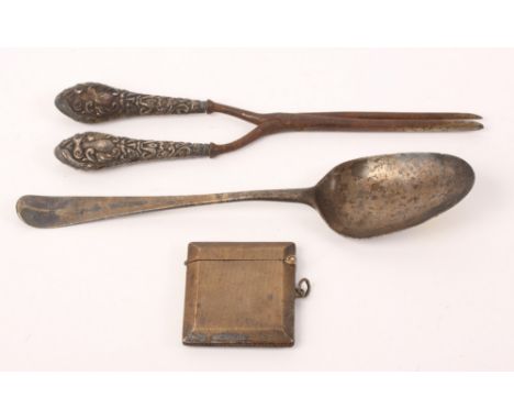 An engine turned silver vesta case, a Georgian silver table spoon and a set of curling tongs with repoussé silver handles