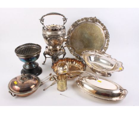 A silver plated spirit kettle, a plated rose bowl, a plated tray and other silver plated items