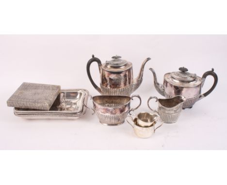 A Georgian design plated half reeded teaset, a pair of entrée dishes and other items of silver plate