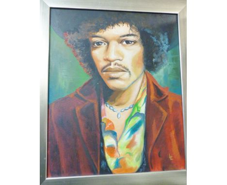 JIMI HENDRIX OIL. Framed oil on canvas of Jimi Hendrix initialed by artist LE, 49 x 59cm