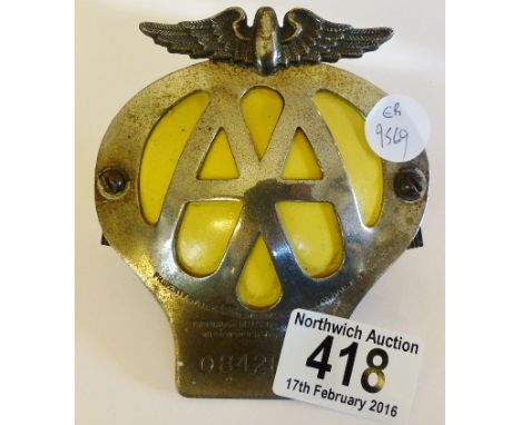ORIGINAL AA BADGE. Original stainless steel and enamel AA motoring badge, number 0842822