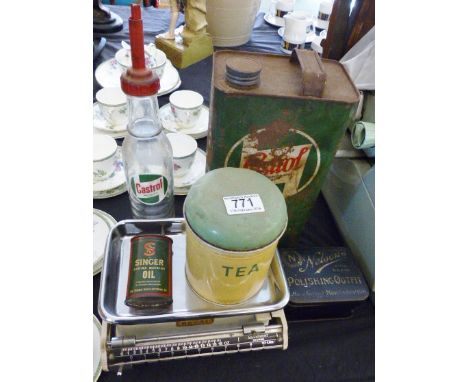 MIXED VINTAGE ITEMS. Vintage lot including advertising tins, original glass castrol bottle and a small set of Royal scales  