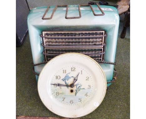 ENAMEL ELECTRIC FIRE. Vintage enamelled electric fire and a Smiths kitchen clock 