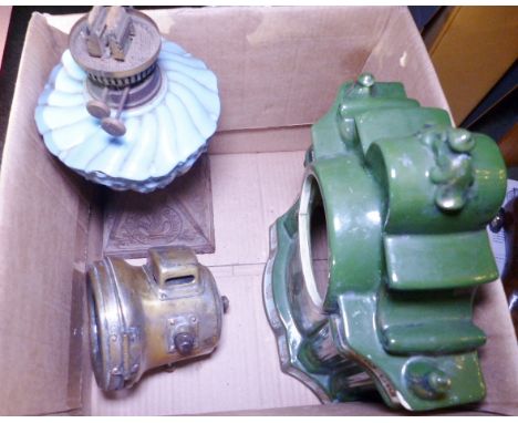 MIXED LOT. Cast metal paraffin lamp base, gas car headlight and ceramic mantel clock case 
