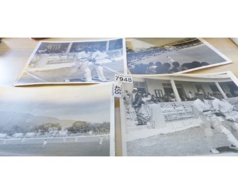 SIGNED LEN HUTTON AND ENGLAND TEAM PICTURES. Four black and white pictures of the 1954 test match when England captain Len Hu