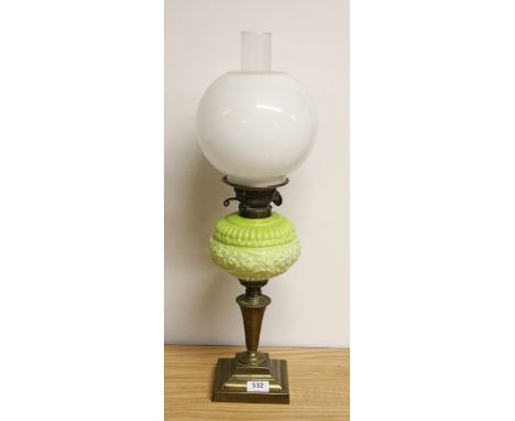 Victorian green opaline glass and brass oil lamp