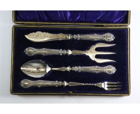 A cased hallmarked silver handled serving set.