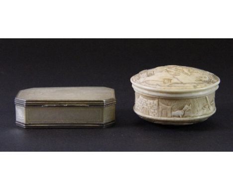 19th/Early 20thC Chinese white metal mounted mother of pearl snuff box (6 x 4 x 2cm) + a circular 19thC carved ivory box (5.5
