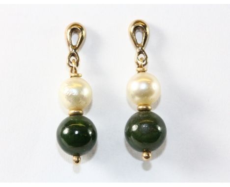 A pair of 9ct gold jade and cultured pearl earrings