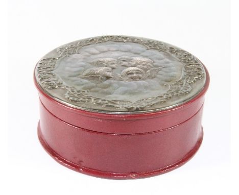 Hallmarked silver and red leather collar box. Dia. 16.5cm x H: 7cm