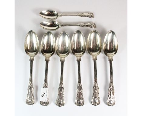 Six heavy Victorian silver soup spoons and two desert spoons. Approx 713g. Prov. Property of a Lady