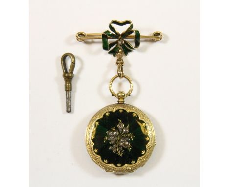 A very fine 18ct gold Stauffer enamel and diamond set pocket watch and pin c.1860. Prov. Property of a Lady
