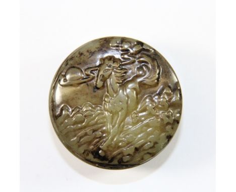 A small Chinese carved jade/hardstone sealing ink box, the lid carved with a horse. (5 x 3cm)