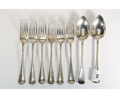 Six heavy hallmarked silver dinner forks and two spoons. Approx 640g