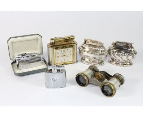 2 Silver plated Ronson table lighters, Colibri clock lighter, 2 further lighters and opera glasses