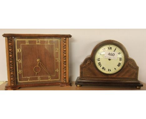 An inlaid mantle clock and a 1950s mantle clock