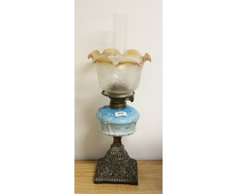 Victorian blue opaline glass and cast metal oil lamp