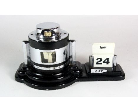 1930s Art Deco Chrome and black painted metal perpetual desk calendar and barometer. (W: 26cm)