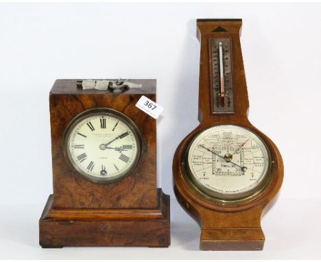A walnut veneered mantle clock + barometer