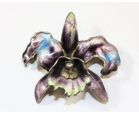 A lovely .925 sliver and enamel orchid brooch. Makers mark PPG W.4cm
