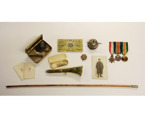 Bar of 3 WW1 medals for Cyril Swift Ashton 053001 ASC together with trench horn, Queen Mary tin and pencil, swagger stick etc
