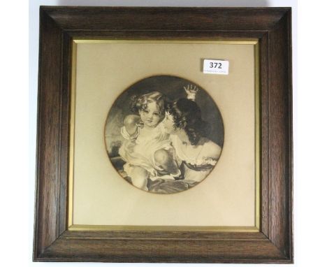 Framed Victorian ink and wash sketch of 2 girls (38 x 38cm)