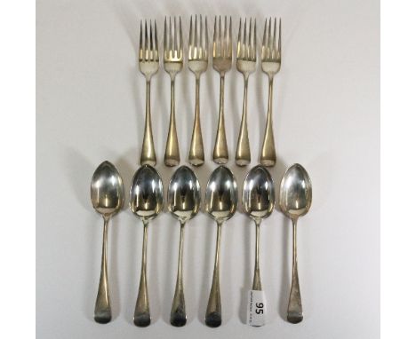 A set of six heavy hallmarked silver desert spoons and forks. Approx 590g