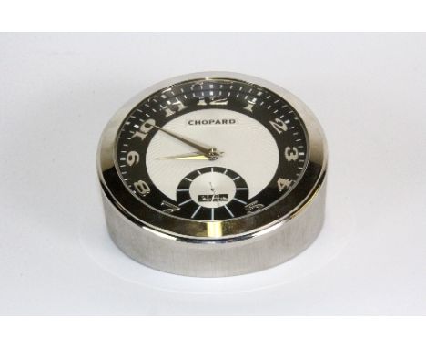 A Chopard brushed steel desk clock with box and certificate Dia 12cm