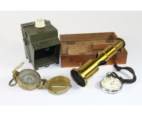 Small cased Edwardian microscope, pocket watch, compass and signal lamp.