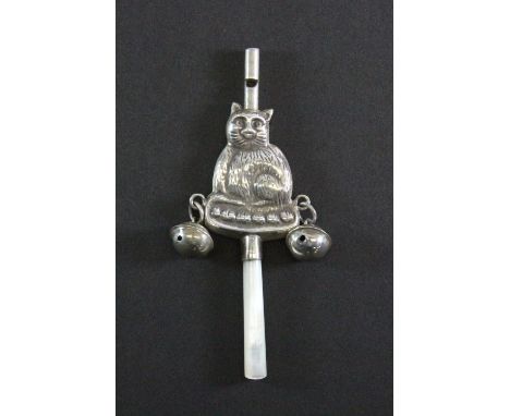 A .925 sterling silver and mother of pearl baby's rattle/whistle