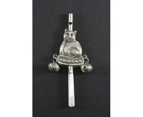 A .925 sterling silver and mother of pearl baby's rattle/whistle