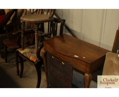 A walnut cutlery table on cabriole legs; a leather covered fire screen; a stick back chair; and an elbow chair 