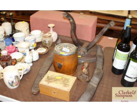 Two Ethnic dried pods; a souvenir box; and oak and chrome mounted tea caddy; a twin branch wall light etc. 
