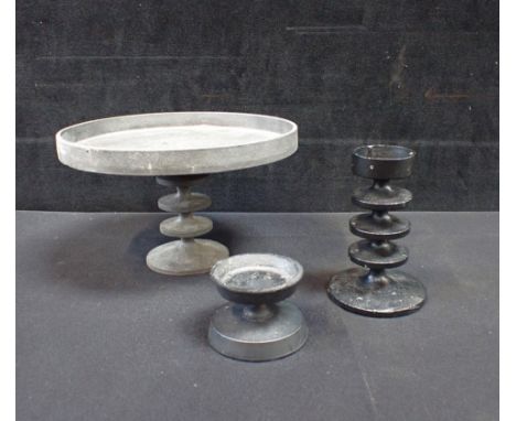 A ROBERT WELCH DESIGN IRON TAZZA AND CANDLESTICK (the latter with Design Centre, London label), and a smaller candlestick (3)