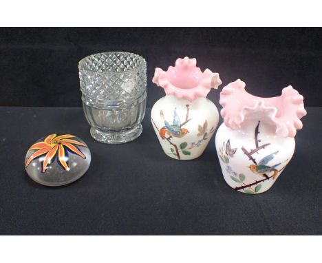 A PAIR OF VICTORIAN OPALINE GLASS VASES with pink frilled rims, and painted decoration, a caddy mixing bowl, and a (chipped) 