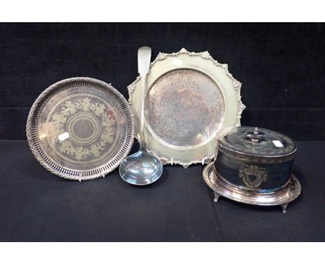 A WALKER &amp; HALL SILVER-PLATED BISCUIT BOX, A SOUP LADLE a plated bread plate and a tray