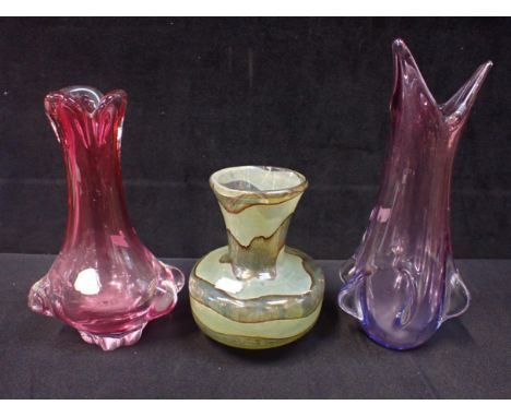 THREE PIECES OF BOHEMIAN ART GLASS one with partial label, the largest 28cm high