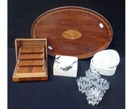A BISQUE PORCELAIN OVAL BOX Far Eastern subject, an onyx box made from the Stock Exchange building demolished 1970, an inlaid
