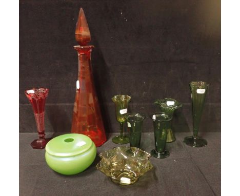 A COLLECTION OF GREEN AND RED GLASS table glass with a covered bowl and a decanter