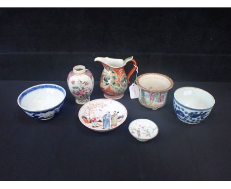 A CHINESE BALUSTER FORM TEA CADDY, ON SCROLLED FOOT a Famille Rose pot, and other Asian ceramics (most with damage) (7)