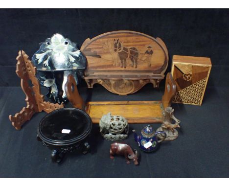 A QUANTITY OF WOODEN SUNDRIES including a lacquered shelf and and a Chinese wooden stand