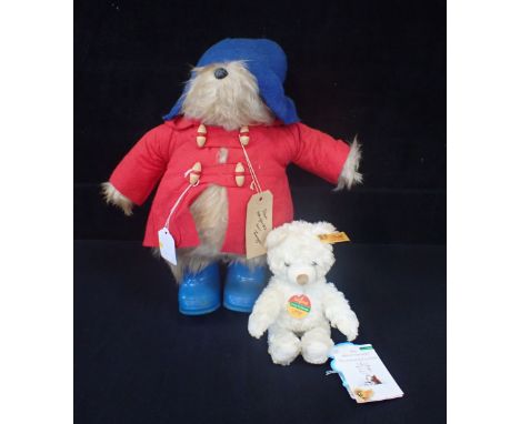 A GABRIELLE DESIGNS Ltd PADDINGTON BEAR, WITH LABEL 36cm high, and a small Steiff 'cosy friends' bear, with labels