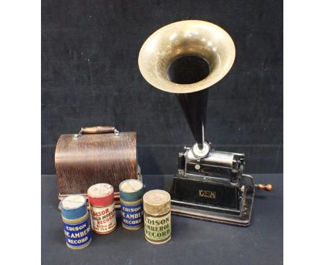 AN EDISON GEM PHONOGRAPH, WITH JAPANNED AND BRASS HORN and a few cylinders (runs but needs attention)