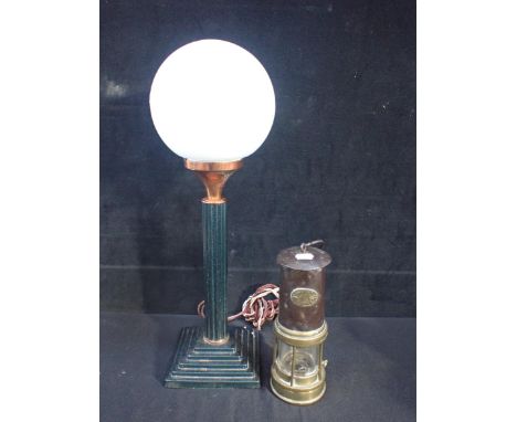 AN ART DECO STYLE TABLE LAMP WITH WHITE GLOBE SHADE and a miner's lamp 'INSOLES LIMITED, CYMMER 1431' (2)